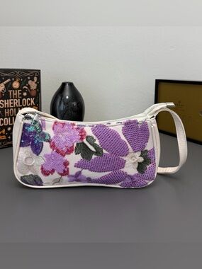 New White Floral Sequin Shoulder Bag Y2K Embroidered Beaded Baguette
